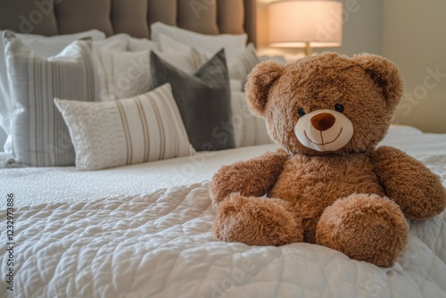 Cozy bedroom with a bear on a neatly made bed in soft natural light