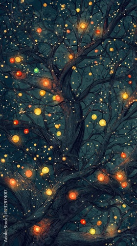 Colorful lights illuminate dark branches of a tree in a serene night setting