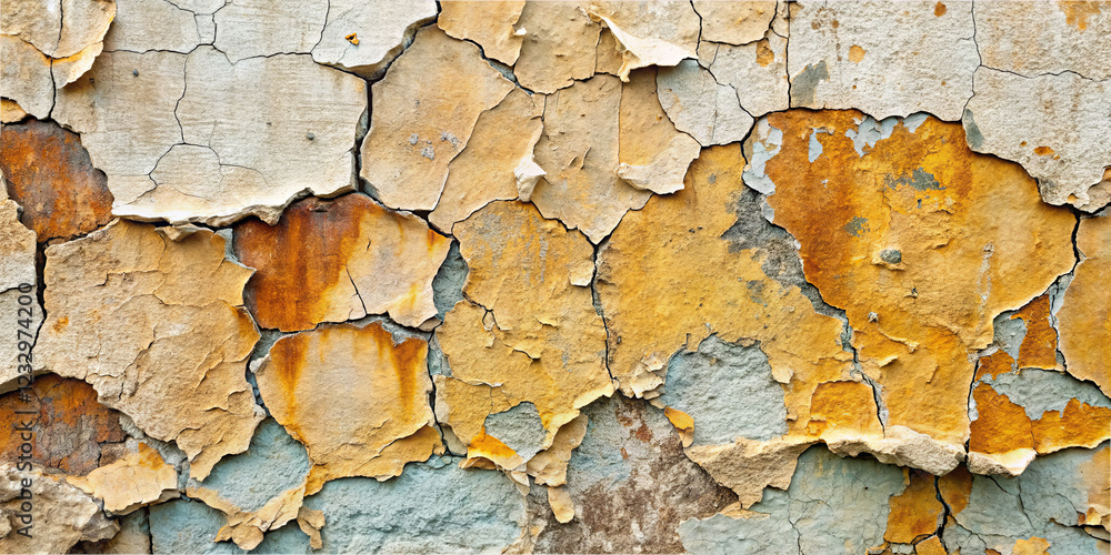 Fototapeta premium The wall displays vibrant colors of orange, yellow, and blue, with large patches of paint peeling away, showcasing the texture and age of the structure