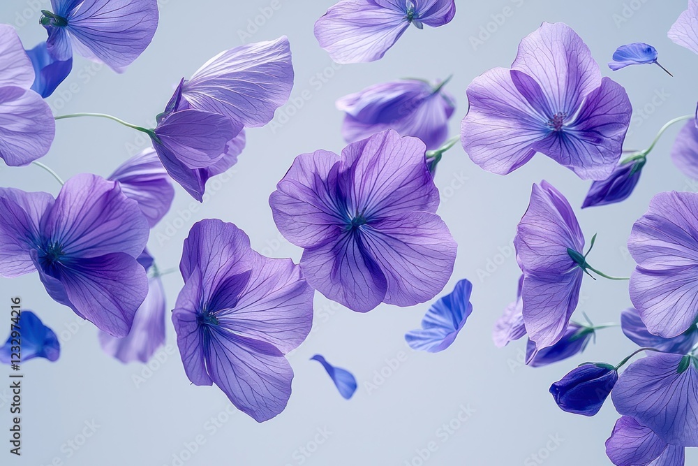 Fototapeta premium Purple flowers and petals floating on a pale blue background