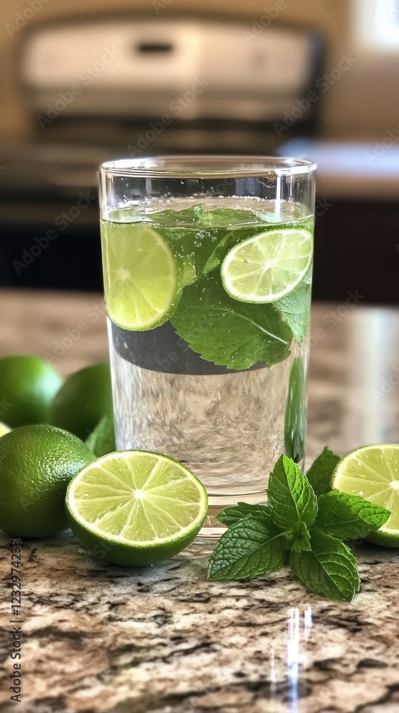 Refreshing lime and mint drink served in a glass with fresh lime slices and mint leaves on a countertop Refreshing lime and mint drink served in a glass with fresh lime slices and mint leaves on a countertop