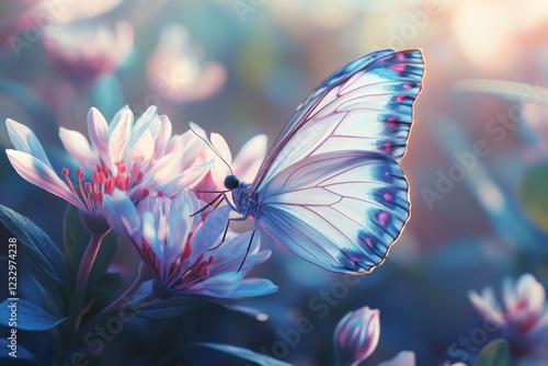 Delicate butterfly perched on pastel flowers at sunrise in a tranquil garden