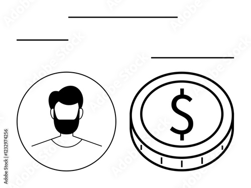 Simple circular avatar next to a dollar coin, conveying money, income, finance, and resources. Ideal for users, economy, business payroll earnings wealth fintech. Abstract line flat metaphor