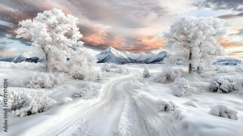 Wallpaper Mural Snowy mountain road at sunset; winter wonderland landscape Torontodigital.ca
