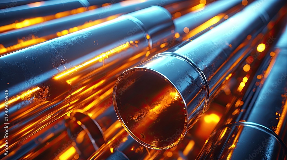 Naklejka premium Metallic Pipes Glowing Orange and Blue