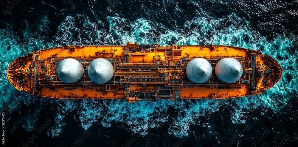 Gas tanker navigating the ocean from a top perspective, depicted in a 3D rendering