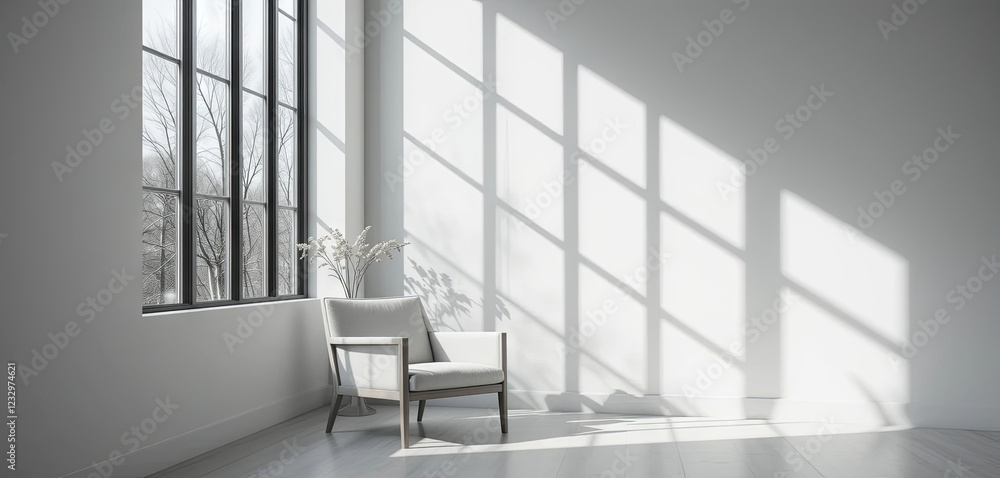 Obraz premium A spacious room features large windows that allow natural light to stream in, casting striking shadows on the floor. Simple chairs complement the serene atmosphere