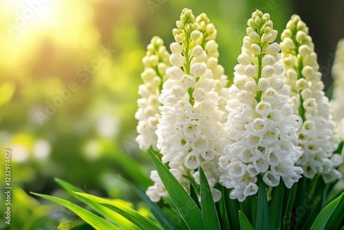 Beautiful white blossoms reflecting sunlight in a vibrant spring garden