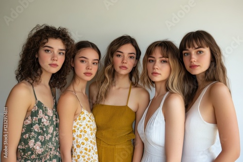 Group of five young women posing together in casual dresses for a stylish ind...