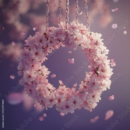 Enchanted floral wreath hanging in a dreamy and colorful setting during sprin...