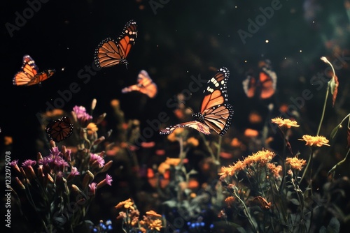Colorful butterflies fluttering among vibrant flowers in a serene garden duri...