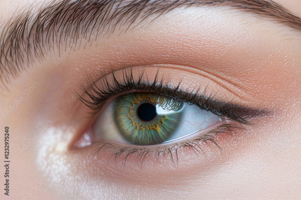 Detailed macro of a womana??s light jade green eye, showcasing vibrant detailing within the iris and subtle sclera veins, captured in Detailed macro of a womana??s light jade green eye, showcasing vibrant detailing within the iris and subtle sclera veins, captured in