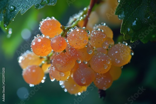 Macro view of colorful water droplets on fresh, ripe grapes in a natural setting