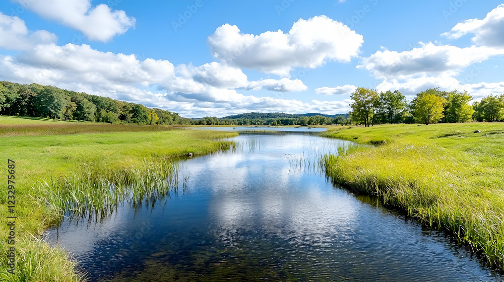 Serene lake view, lush green fields, blue sky, summer day, nature landscape for travel brochure Serene lake view, lush green fields, blue sky, summer day, nature landscape for travel brochure