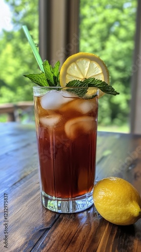 Refreshing iced tea garnished with lemon and mint on a wooden table in a cozy...