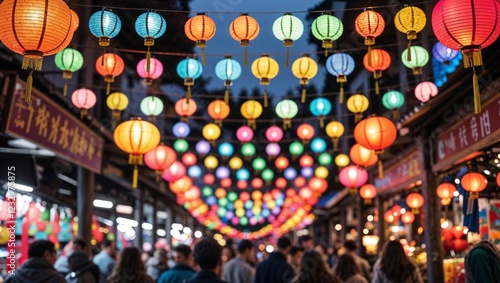 Colorful lanterns hanging at a vibrant night market