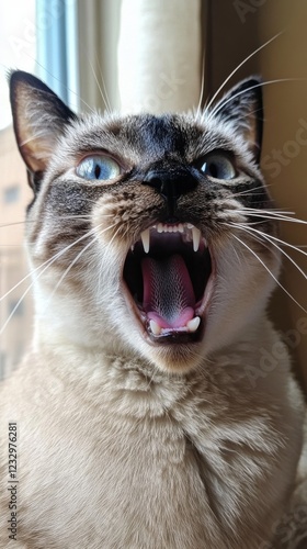 Cat yawning with wide open mouth lying on soft blanket in cozy indoor setting