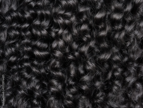 Close up texture of black curly hair weaving, shiny and healthy looking
