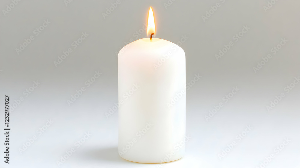 Single white candle burning brightly against a light grey background. Single white candle burning brightly against a light grey background.