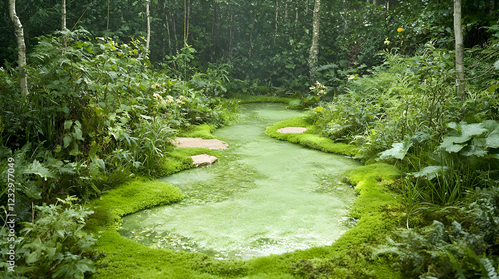 Fototapeta premium Serene moss-covered stream in lush forest. Background tranquility. Nature backdrop