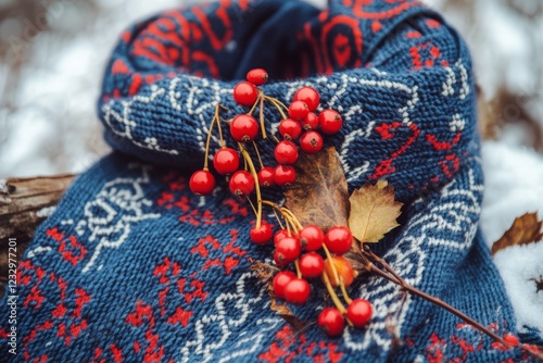 Blue textile with red berries and leaves captured in autumn season display