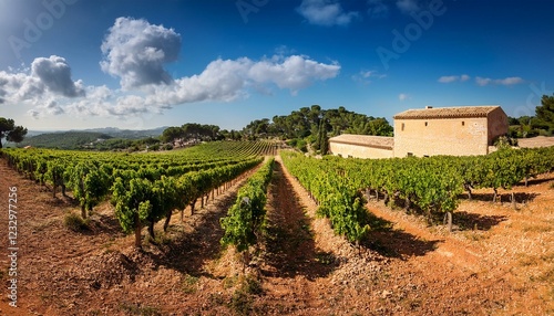Generated image A rustic vineyard in Mallorca with rows of grapevines and a Mediterranean villa in the distance