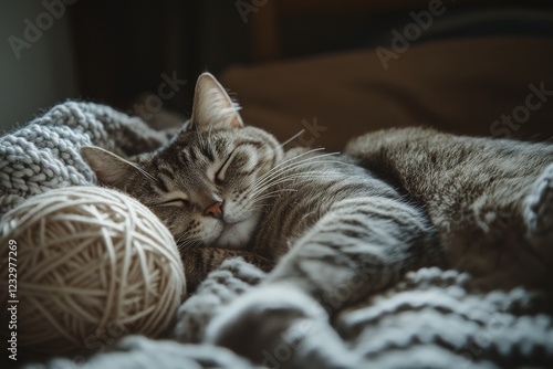 Tabby cat sleeping peacefully with a ball of yarn on a cozy blanket in a warm...