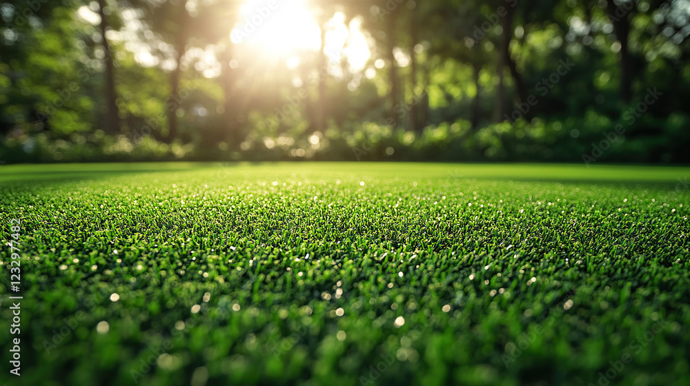 Naklejka premium Sunlit Artificial Grass Field with Forest Background