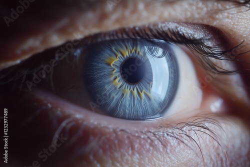 Detailed shot of a mana??s soft blue-gray eye, with visible iris textures and delicate color shifts, captured in photo