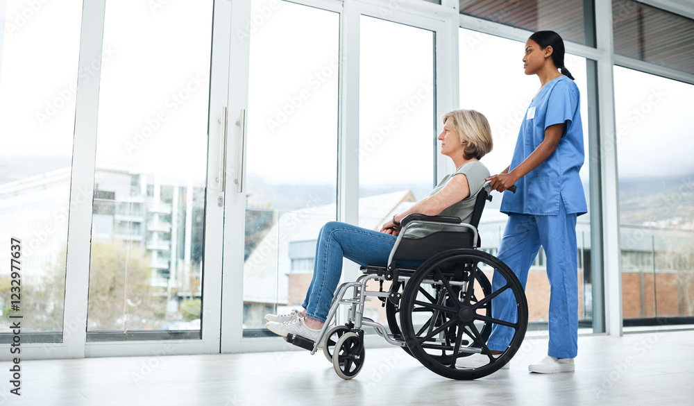 Thinking, nurse and senior woman in wheelchair for of rehabilitation, healthcare and injury recovery. Caregiver, memory and patient with disability for healing progress, medical support and treatment Thinking, nurse and senior woman in wheelchair for of rehabilitation, healthcare and injury recovery. Caregiver, memory and patient with disability for healing progress, medical support and treatment