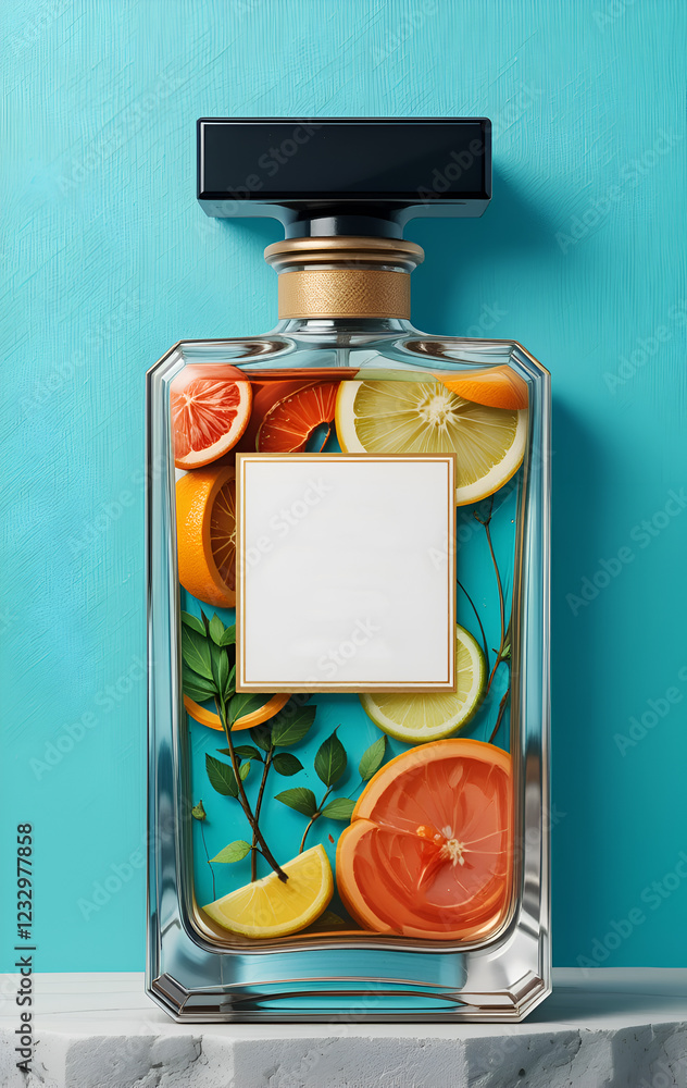 flacon of perfume include stylize element of perfume such as citrus, herbs and other against ocean background. painting 3d render watercolor style . Ai generated.