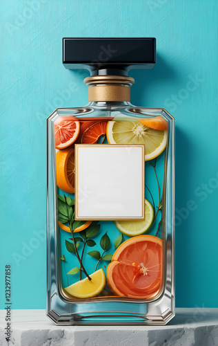 Obraz na płótnie flacon of perfume include stylize element of perfume such as citrus, herbs and other against ocean background. painting 3d render watercolor style . Ai generated. w salonie