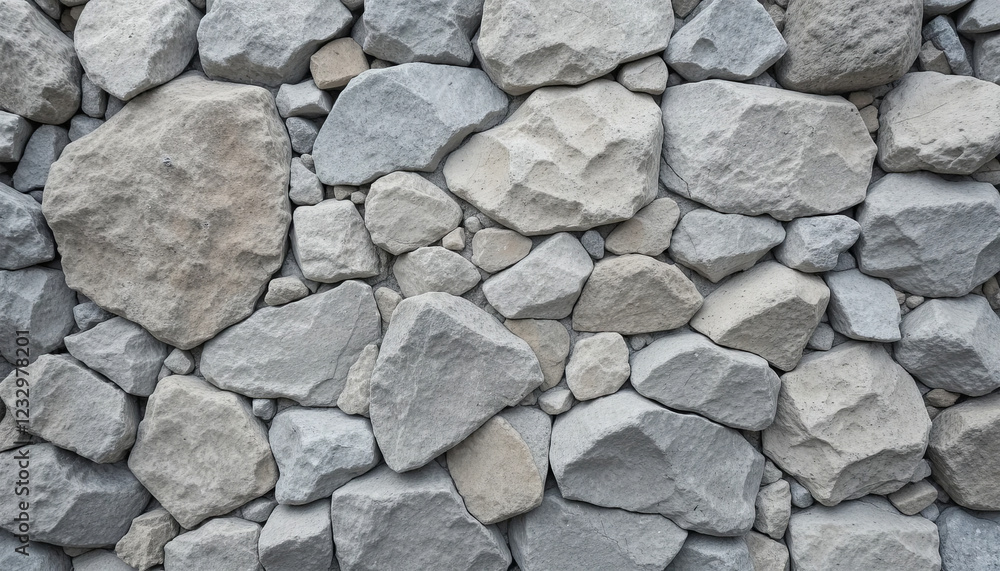 This stone wall features a variety of rocks in different shapes and sizes, showcasing a blend of gray and beige tones ideal for architectural designs or landscaping This stone wall features a variety of rocks in different shapes and sizes, showcasing a blend of gray and beige tones ideal for architectural designs or landscaping