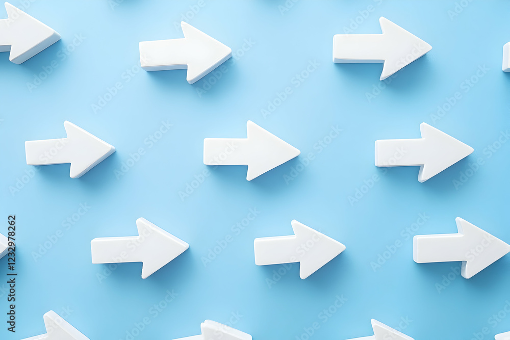 White arrows pointing in multiple directions on a clean blue background, illustrating choices and life's pathways White arrows pointing in multiple directions on a clean blue background, illustrating choices and life's pathways