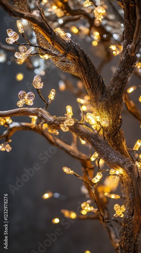 Colorful lights illuminate dark branches of a tree in a serene night setting