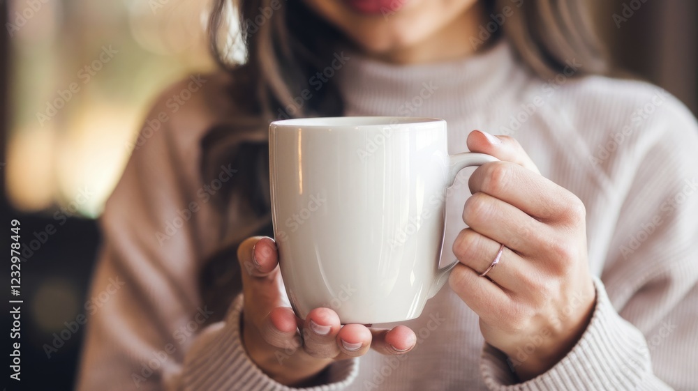 A young woman holding a blank white ceramic mug mockup .
A young woman holding a blank white ceramic mug mockup .