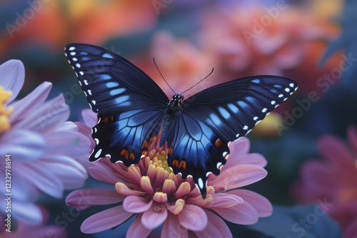 Delicate butterfly perched on pastel flowers at sunrise in a tranquil garden