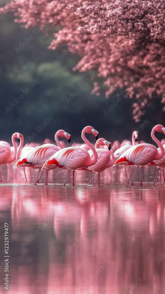 Naklejka premium Vibrant flamingos wade through calm waters under blooming cherry blossoms at sunset