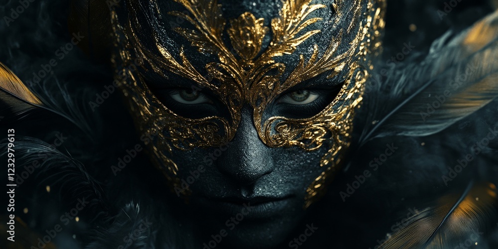 Obraz premium A luxurious black and gold masquerade mask with ornate designs and feathers, highlighting elegance and mystery.