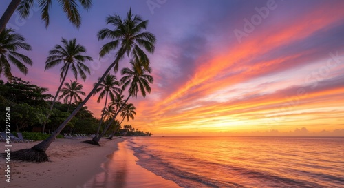 A breathtaking sunset over a tropical beach, palm trees swaying in the breeze