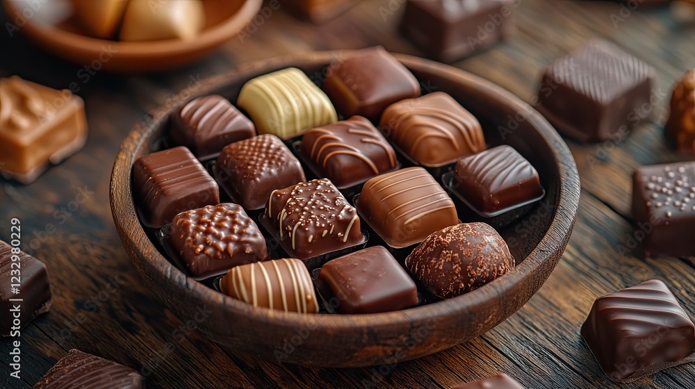 Assorted Chocolate Candies In Wooden Bowl On Table Assorted Chocolate Candies In Wooden Bowl On Table