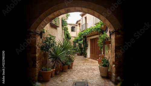 Generated image A traditional courtyard in Alcúdia with rustic decor and Mediterranean plants