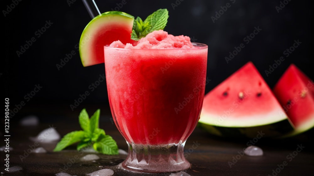 Exotic Watermelon Margarita with Silver Tequila and Mint. Metal Bar Tools and Garnish for a Night of Rock Fizz and Slush Exotic Watermelon Margarita with Silver Tequila and Mint. Metal Bar Tools and Garnish for a Night of Rock Fizz and Slush
