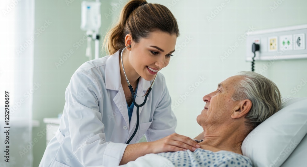 A young nurse with a stethoscope examines an elderly man in a hospital room. A young nurse with a stethoscope examines an elderly man in a hospital room.