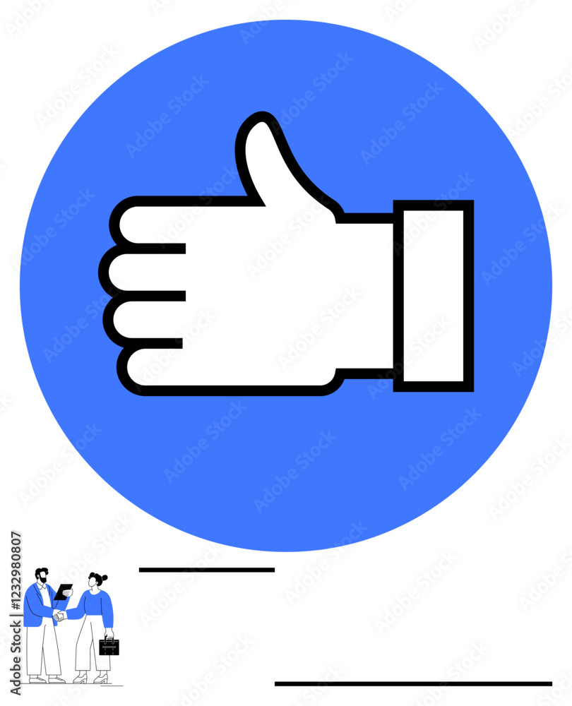 Thumbs-up gesture in bold style over blue circle dominates, paired with small professional figures conversing below. Ideal for approval, teamwork, collaboration, business success, networking Thumbs-up gesture in bold style over blue circle dominates, paired with small professional figures conversing below. Ideal for approval, teamwork, collaboration, business success, networking