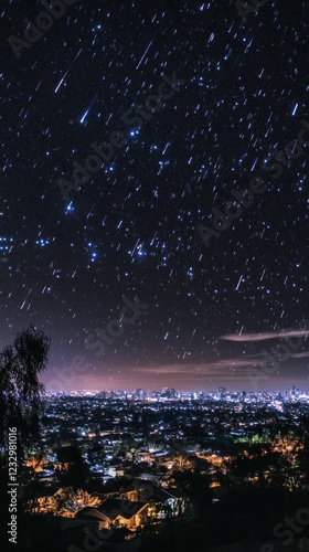 City skyline under a starry night sky with visible constellations and distant...
