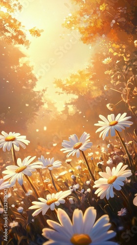 Sunset over a field filled with flowers and gentle winds creating a serene at...