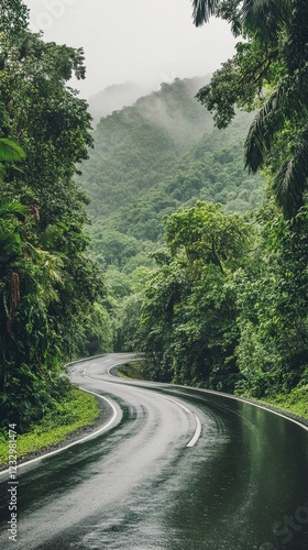 Curved road through lush green rainforest during a rainy day in a mountainous...