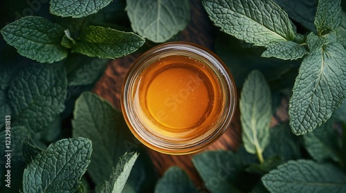 Refreshing mint tea in a glass jar surrounded by vibrant green leaves on a wo...