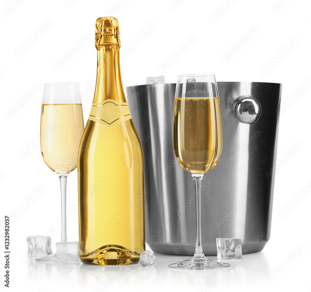 Champagne and bucket with ice isolated on white Champagne and bucket with ice isolated on white